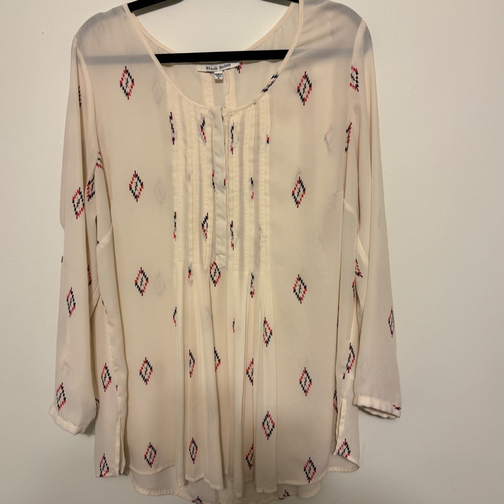Black Rainn Cream Diamond Print Long Sleeve Blouse Top Womens 1X - Picture 1 of 11